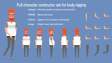 Cartoon 2d man character constructor sets for full body and head rigging design vector