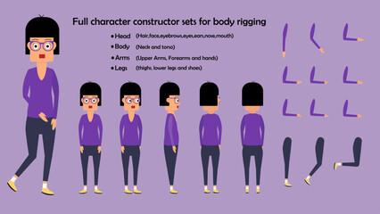Cartoon 2d woman character constructor sets for full body and head rigging design vector