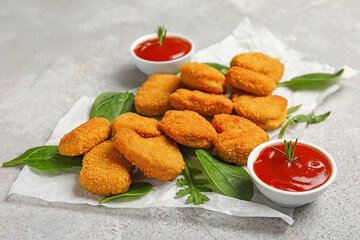 Heap of tasty nuggets with ketchup on light background