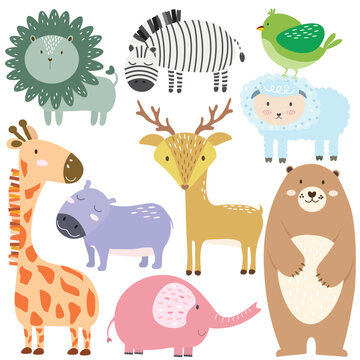 Vector illustration of cute animal collection for kids on white background consisted of lion, zebra, giraffe, hippopotamus, elephant,  deer, sheep, bear, and bird 