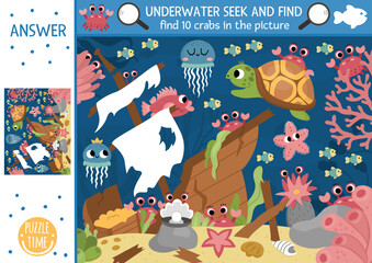 Vector under the sea searching game with sea landscape, wrecked ship. Spot hidden crabs in the picture. Simple ocean life seek and find printable activity for kids. Water animals hunt.