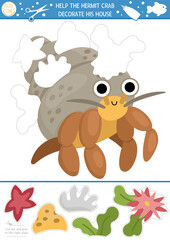 Vector under the sea cut and glue activity. Crafting game with cute water landscape, whale, dolphin. Underwater treasure hunt printable worksheet for kids. Help hermit crab decorate his house.