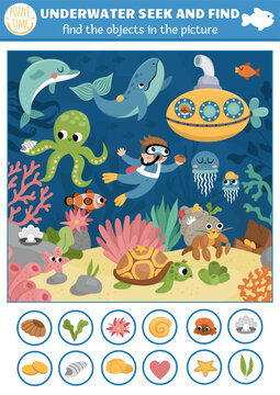 Vector under the sea searching game with sea landscape, submarine, diver. Spot hidden objects in picture. Simple ocean life seek and find educational printable activity for kids. Water animals hunt