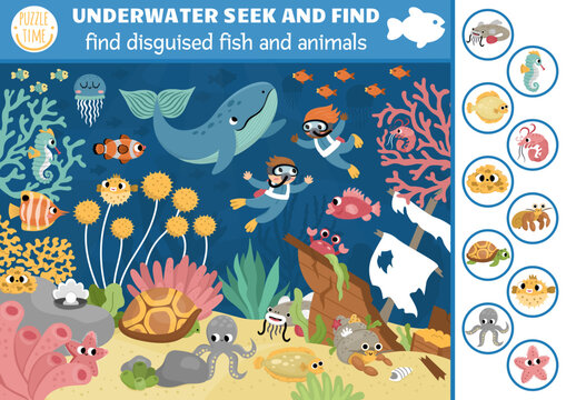 Vector under the sea searching game with sea landscape, whale, divers. Spot hidden fish in the picture. Simple ocean life seek and find printable activity for kids. Disguised water animals hunt