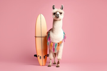 stylish llama with a surfboard on a pink background, Generative AI