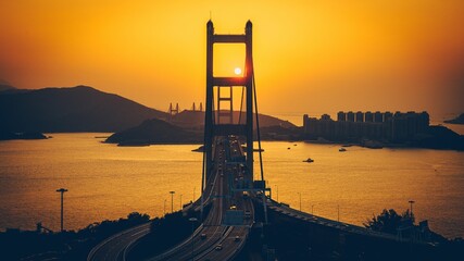 Beautiful Tsing Ma bridge during a golden sunset