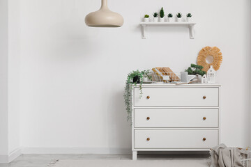 Interior of light room with drawers, shelf and artificial plants