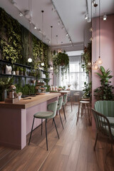 Fototapeta premium Generative AI illustration of an ecological and sustainable Coffee shop with recycled wood furniture, plants and lots of natural light