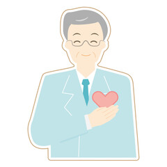 微笑む白衣の男性-　男性の医者、医師、薬剤師、養護教諭、保健室の先生、カウンセラー（ハートを大事に）