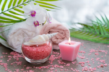Starfish, seashells, terry towel, candle and plant on the sand. Spa and wellness concept