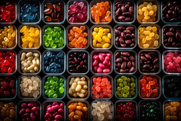 Aerial View of vast array of different jelly bean flavors in open square containers, generative ai