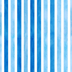 Seamless pattern from watercolor hand drawn blue vertical stripes on white background