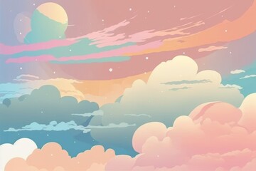 Fototapeta na wymiar Illustration of sky with clouds and sun in pastel colors