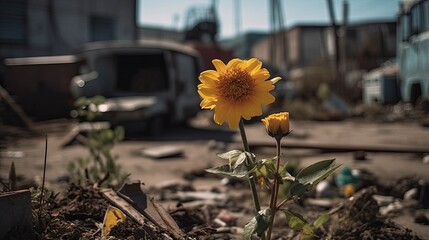 Single flower in the middle of a junk yard