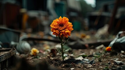 Single flower in the middle of a junk yard
