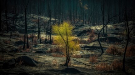 Single tree in the middle of a burnt forest