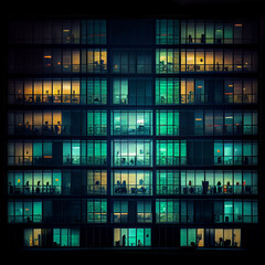 Night colorful windows lights of apartment building in city. AI generative.