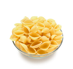 Bowl of raw conchiglie pasta isolated on white background