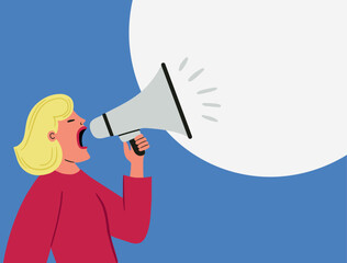 Woman holding megaphone and speaking. Speech bubble. Design of announcement, advertising, promotion, business, demonstration, empty template. Flat vector illustration