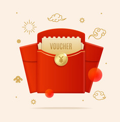 Realistic Detailed 3d Chinese Red Packet or Envelope Concept Present Money and Monetary Value Voucher with Decor Elements. Vector illustration