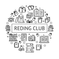 Reading Club Round Design Template Thin Line Icon Banner for Promotion, Marketing and Advertising. Vector illustration
