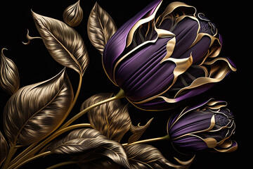 Illustrative Purple Tulips with Gold Elements 01, created with AI