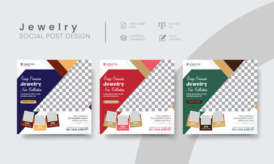 Deluxe jewelry social media post template for business marketing ads. Premium jewelry shop promotion social layout design for square web banner. Vol - 9
