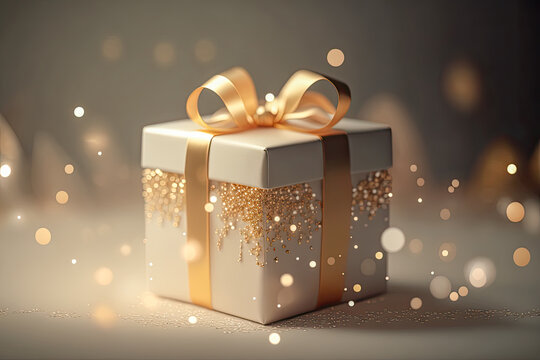 White gift box with golden with a golden ribbon 08, created with AI