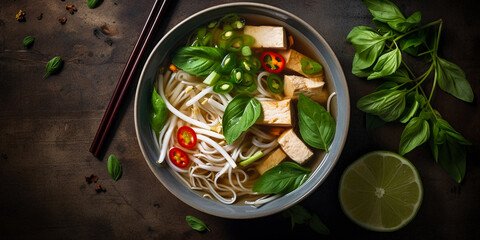 tasty and healthy vietnamese pho soup with mung bean sprouts and tofu, top view, created with generative ai