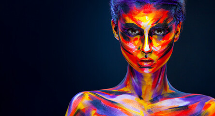 Woman in color body painting on her face. Horizontal banner. Cover art for your mixtape, video, song or podcast. Bodyart design for book covers.