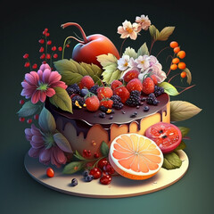 delicious cake with fruit and flowers Generative AI - 593264842
