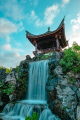 Vertical shot of the pagoda and waterfall in Fukushuen Chinese Garden in Naha Okinawa, Japan