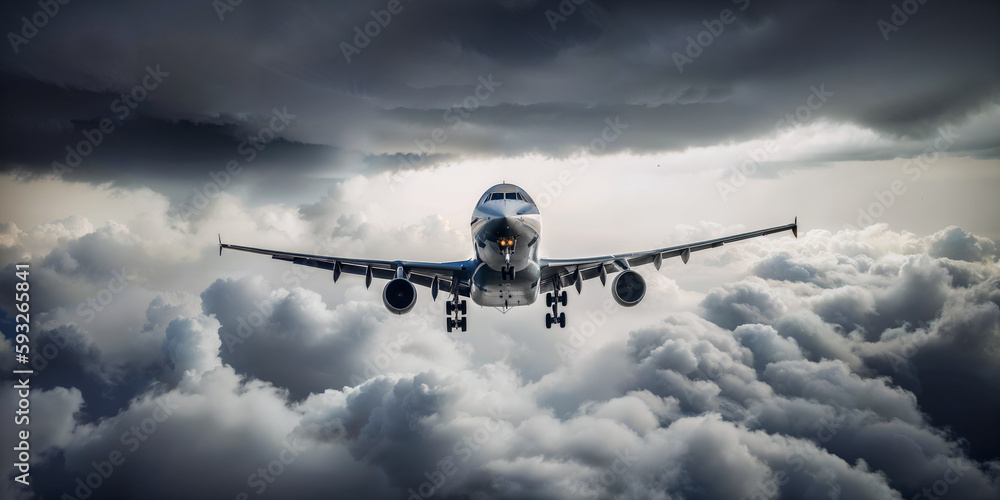 Poster an airplane is flying through the turbulent cloudy sky. ai generative image