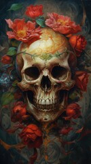 Human skull surrounded by red roses, macabre shrine to the dead, gloomy reminder of time passing and death - generative AI