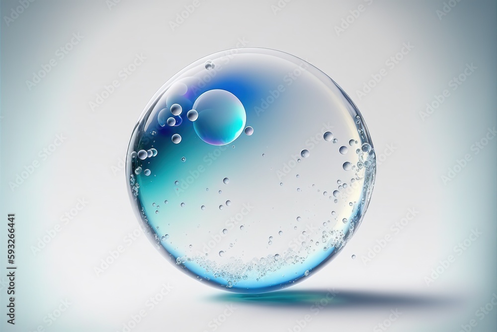 Poster closeup macro iridescent clear and transparent round water sphere with air bubbles inside on white i
