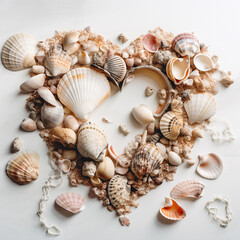 Heart shape composition of seashells, top view. Generative AI
