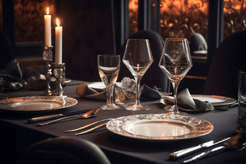 Fototapeta premium Table served for night dinner in a luxury restaurant. Generative AI