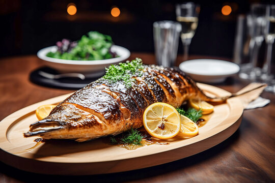 Whole grilled fish served with a lemon. Generative AI