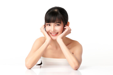 Beautiful young asian woman with clean fresh skin on white background, Face care, Facial treatment, Cosmetology, beauty and spa, Asian women portrait.
