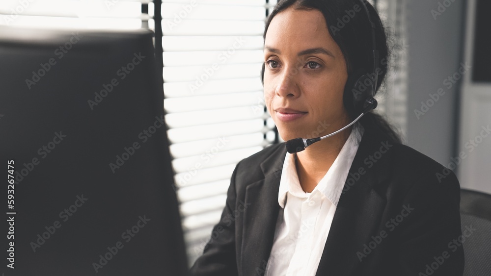 Aufkleber competent female operator working on computer and talking with clients. concept relevant to both cal