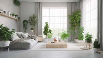 Modern living room with plants. Illustration AI Generative.