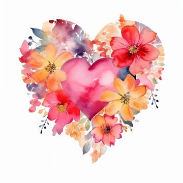 Watercolor heart with flowers. Illustration AI Generative.