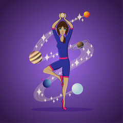 girl in a tree pose and a cluster of stars and planets
