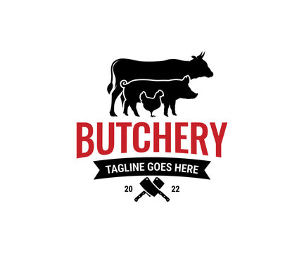 Butcher shop Badge or Label with cow, pig, chicken, beef. Vector illustration.
