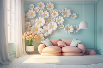 A Pastel Dream: Relaxing Interior Design with Giant Daisy Flowers in 3D, Generative AI