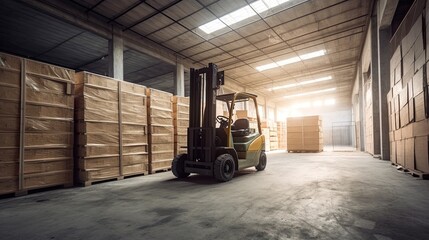 Fototapeta na wymiar Delivering with Precision: Forklift & Forklift Box Logistically Storing Materials inside Warehouse Interior. Generative AI