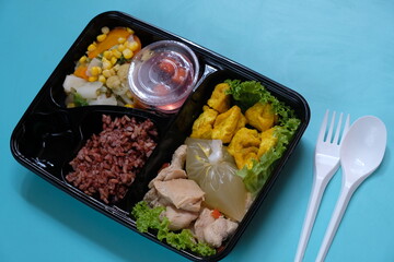 healthy bento. brown rice, stir-fried vegetables, grilled chicken, pudding, yellow tofu.