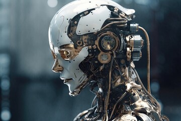 Fototapeta premium Human head made of cogs and circuits, concept image for artifical intelligence - AI Generated