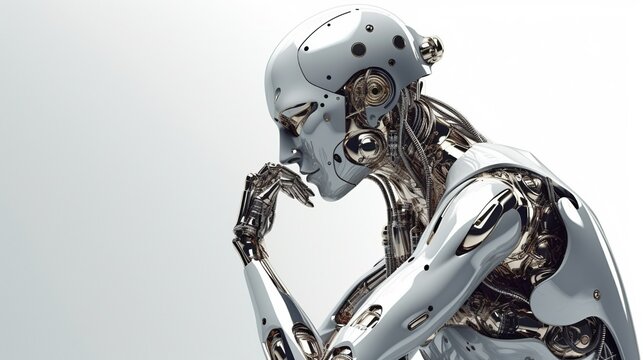 Artificial Intelligence Robot thinking and wondering. AI and robotization effects on society. Futuristic Android Technology. Generative AI.