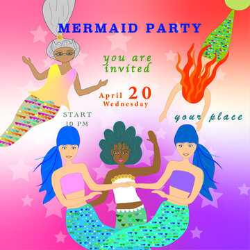 Mermaid party invitation. Teen underwater characters on the rainbow background with stars. Sirens with colorful hair. Party invitation card with editable sample text